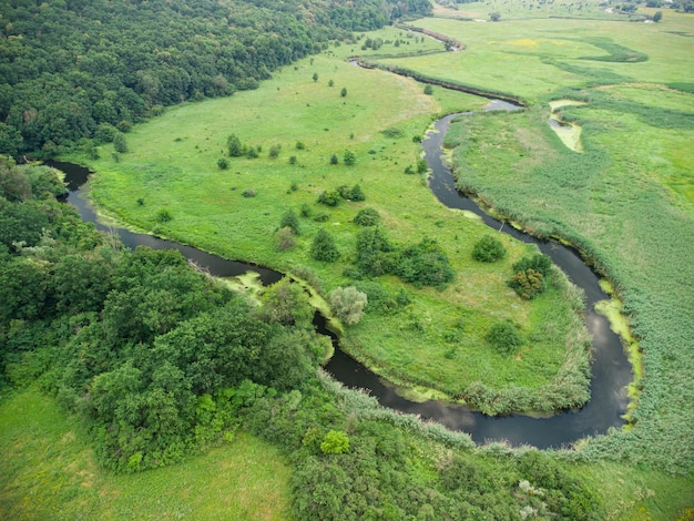 Vista aérea sobre o rio que fica na floresta verde.