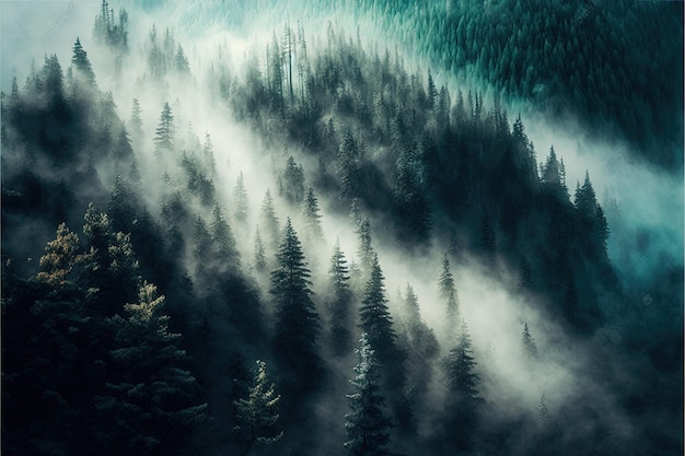 Vista aérea sobre uma floresta de montanha com nevoeiro e paisagem de floresta de névoa Generative Ai