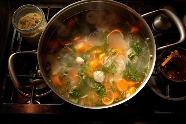 Foto vista aérea de una sopa hirviendo en la estufa