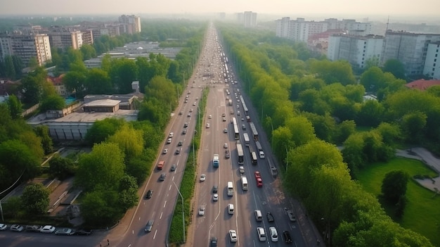 Vista aérea superior de um entroncamento rodoviário acima do tráfego de carros e um conceito de transporte de engarrafamento e IA generativa