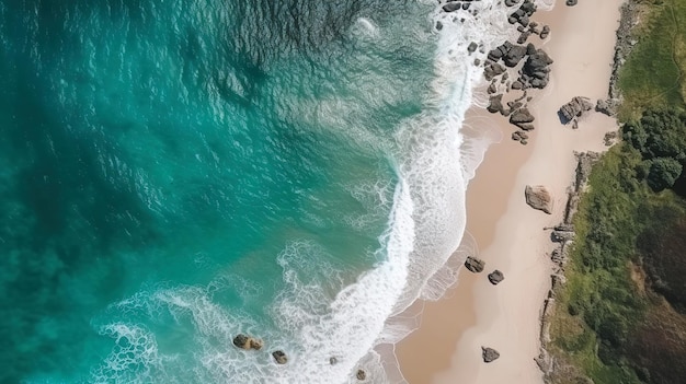 Vista aérea superior de uma bela praia com mar azul e floresta verde gerada ai