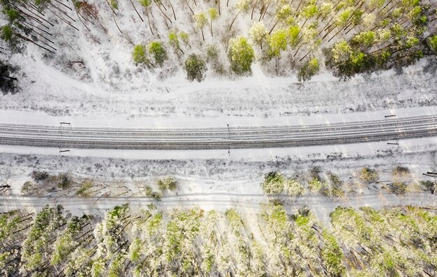 Vista aérea superior de un ferrocarril de dos vías en el bosque en un día soleado de invierno. Concepto de transporte.