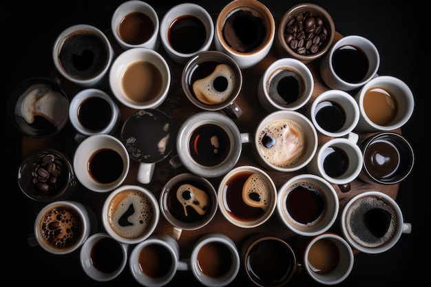 Vista aérea superior de un montón de diferentes tazas de café ai generativo