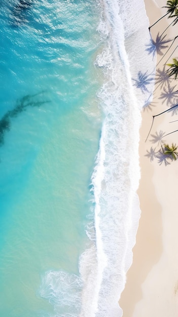 Vista aérea superior na praia do oceano de areia com palma conceito de paraíso de férias de verão Vertical