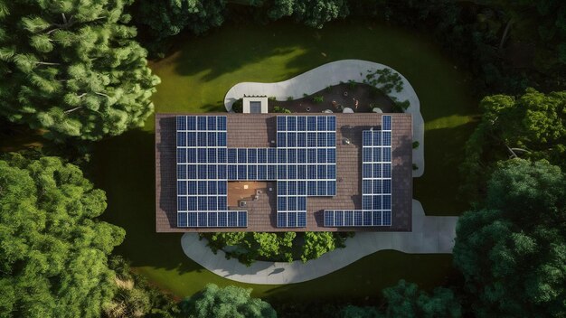 Foto vista aérea superior de una nueva casa residencial moderna con paneles fotovoltaicos solares brillantes y azules