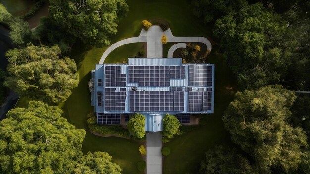 Foto vista aérea superior de una nueva casa residencial moderna con paneles fotovoltaicos solares brillantes y azules