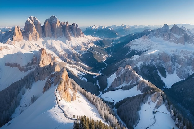 Vista aérea superior del paisaje montañoso nevado con árboles y carreteras Dolomitas Italia