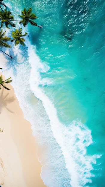 Vista aérea superior en la playa de arena del océano con palmeras Concepto de paraíso de vacaciones de verano Vertical