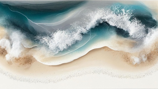 Vista aérea superior de la playa a vista de pájaro por pintura a pincel de acuarela en arena marrón onda del mar azul para fondos o banner generativo ai.