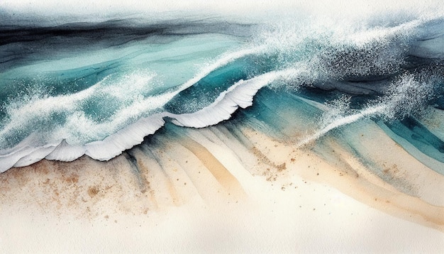 Vista aérea superior de la playa a vista de pájaro por pintura a pincel de acuarela en arena marrón onda del mar azul para fondos o banner generativo ai.