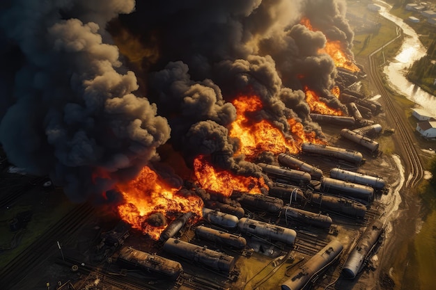Foto vista aérea superior de tanques envueltos en fuego que transportan pesticidas y trenes de carga que transportan productos peligrosos