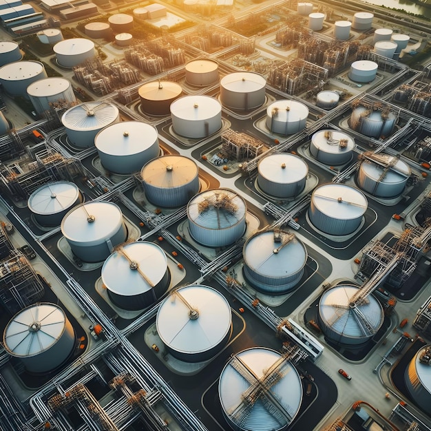 Foto vista aérea de los tanques de almacenamiento de combustible industrial en el crepúsculo en una instalación compleja