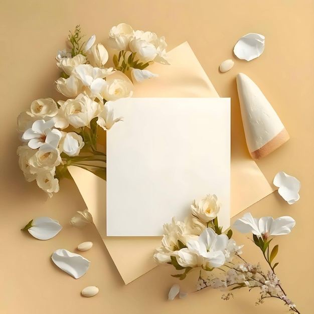 Una vista aérea de la tarjeta blanca una hoja en blanco de papel hay flores por ahí