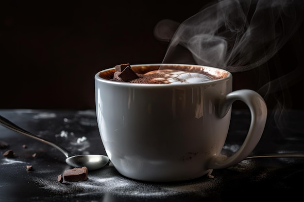 Vista aérea de una taza caliente de chocolate caliente con vapor saliendo de la bebida