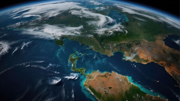 Vista aérea de la Tierra que muestra continentes y nubes