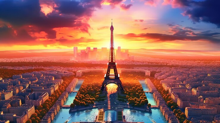 Vista aérea de la Torre Eiffel al atardecer Color brillante Generativo ai