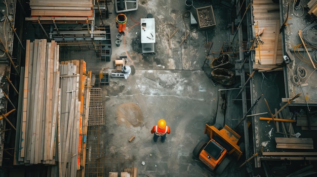 vista aérea de un trabajador de la construcción en un sitio de construcción