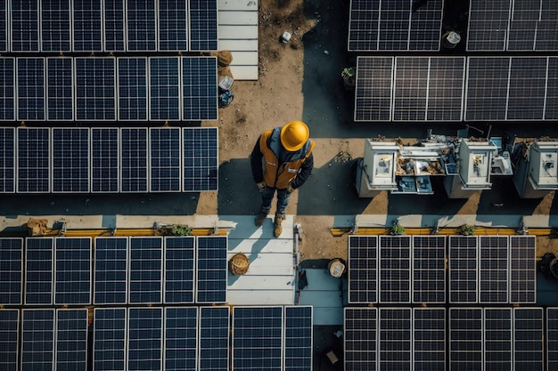 Vista aérea del trabajador instalando paneles solares