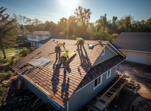 Vista aérea de trabajadores de la construcción instalando tejas en el techo de una casa en un barrio suburbano
