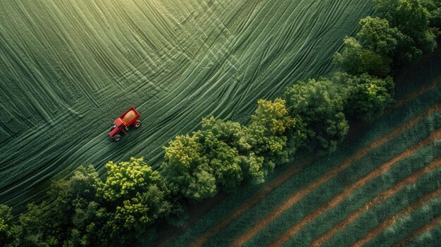 Vista aérea de un tractor fertilizando un campo agrícola cultivado