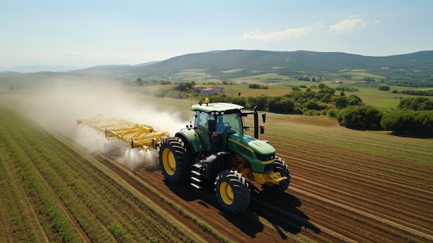 Vista aérea de un tractor que fertiliza un campo agrícola cultivado