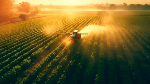 Vista aérea de un tractor rociando plaguicidas en una plantación de soja verde en Sunset Generative AI