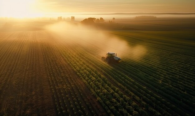 Vista aérea de un tractor rociando plaguicidas en una plantación de soja verde en Sunset