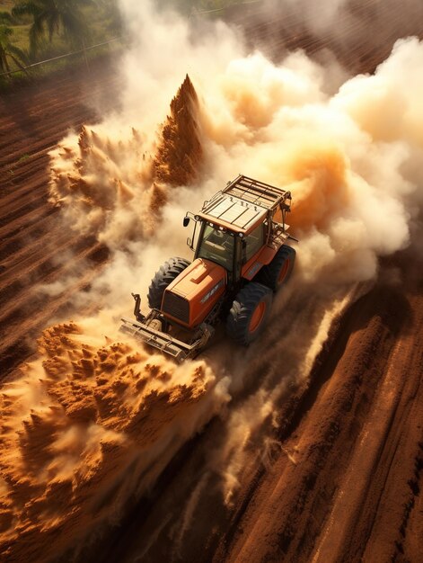 Vista aérea del tractor soplando el polvo en la sequía