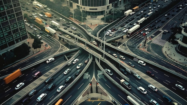 Vista aérea del tráfico en una enorme intersección de autopistas