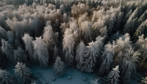 Vista aérea tranquila da cordilheira em árvores de coníferas de inverno geradas por inteligência artificial