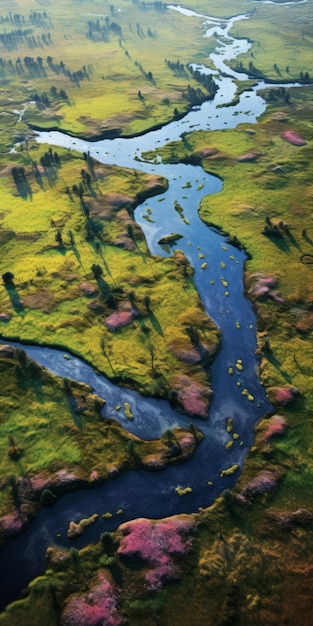 Vista aérea tranquila de flores selvagens vibrantes e pastagens