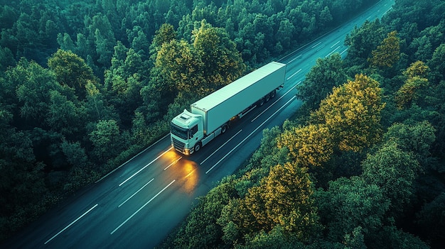 Vista aérea del transporte por carretera de camiones forestales