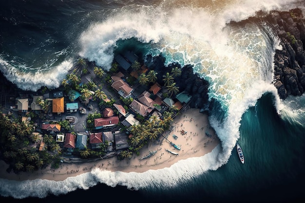 Vista aérea del tsunami con una gran ola rompiendo ilustración Ai generativo