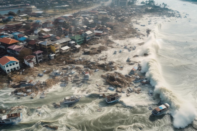 Vista aérea del tsunami que azotó la ciudad costera con barcos y edificios barridos por las aguas torrenciales creadas con ai generativa