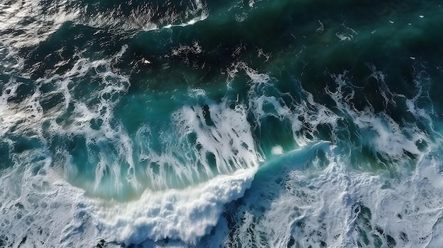 Vista aérea de las turbulentas olas del océano con espuma de cresta y oleajes elevados en una impresionante fotografía de drones HD