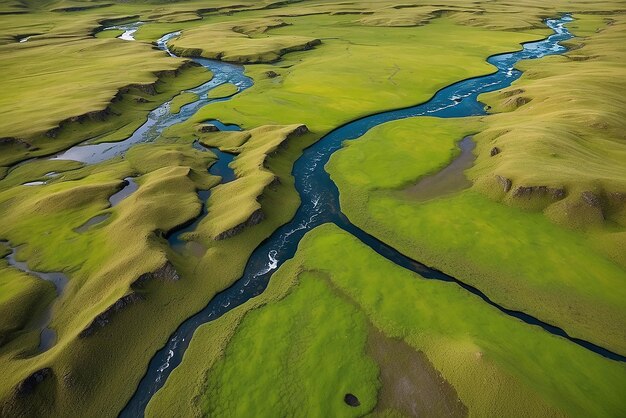 Vista aérea de un valle verde con un pequeño río en las tierras altas de Islandia