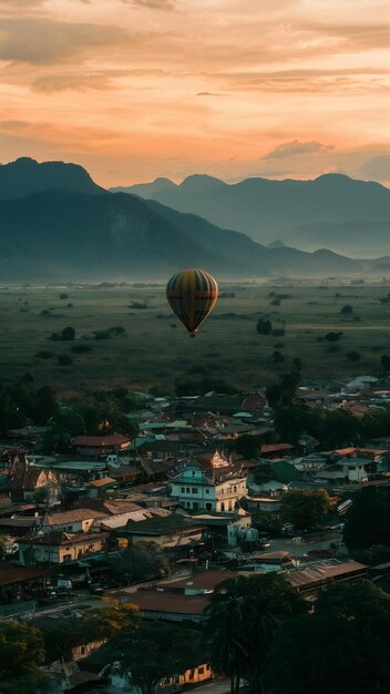 Vista aérea de vang vieng con montañas y globo al atardecer
