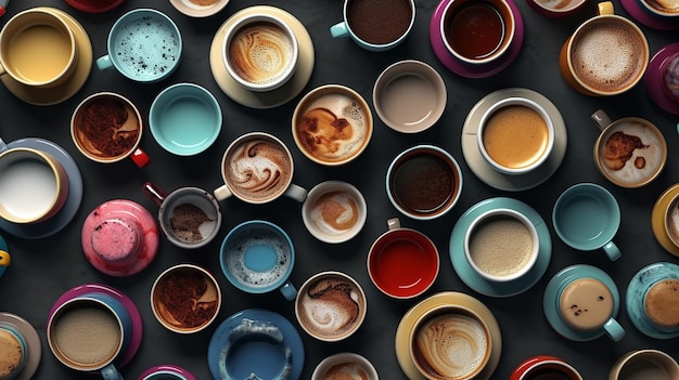Vista aérea de varias tazas de café IA generativa