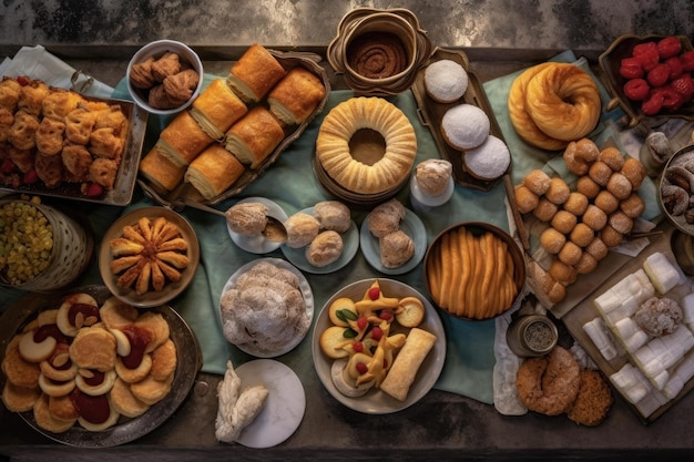 Vista aérea de una variedad de pasteles en un mostrador creado con IA generativa