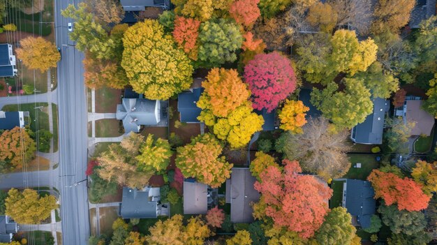 Vista aérea del vecindario de otoño con el follaje vibrante de otoño y las casas residenciales