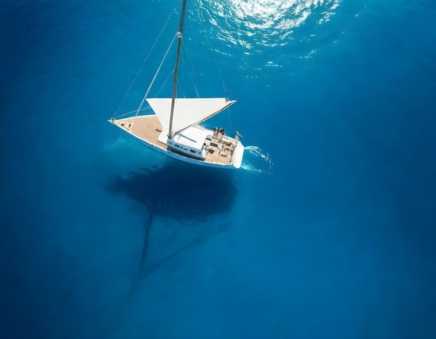 Vista aérea de un velero blanco en aguas azules claras con un pequeño barco inflable