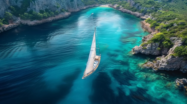 Vista aérea de un velero en el mar turquesa entre las rocas