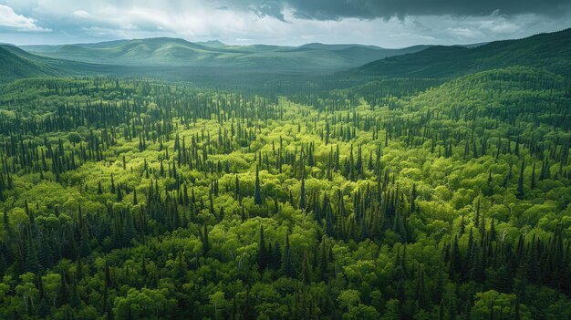 Vista aérea de un verde bosque boreal