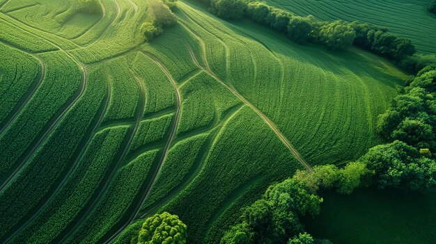 Vista aérea verdejante de campos agrícolas ondulantes