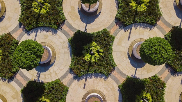 Vista aérea vertical de arriba hacia abajo tomada y mirando hacia abajo en el parque de la ciudad en krasnodar, rusia