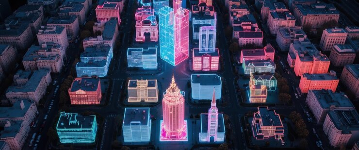 Foto vista aérea de una vibrante ciudad holográfica iluminada con luces de colores