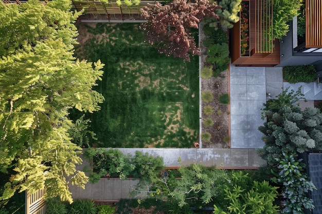 Vista aérea de un vibrante patio verde perfecto para ideas de jardinería