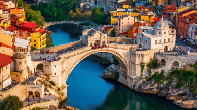 Vista aérea del viejo puente de Mostar, famoso destino turístico en Bosnia y Herzegovina
