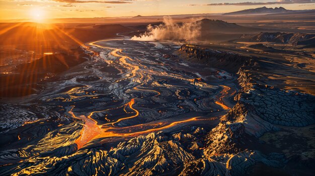 Una vista aérea de un volcán al atardecer con el sol brillando a través de las nubes