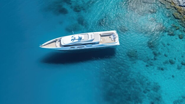 Una vista aérea de un yate de lujo en medio de las profundas aguas azules del océano.